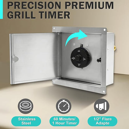 1 Hour Timer Box Mechanical 20/40/60 Min Setting, 304 Stainless Steel Splash-Proof for Outdoor Kitchen, Propane or Natural Gas Timer Shut Off Valve