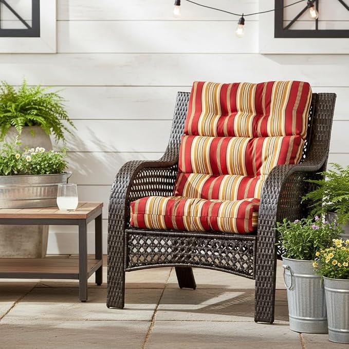 Outdoor Tufted High-Back Chair Cushions, One-Piece Hinged Seat and Back Design, Reversible with 4 Ties, Durable Polyester Fabric, Recycled Fiber Fill - Single, Roma Stripe