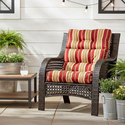 Outdoor Tufted High-Back Chair Cushions, One-Piece Hinged Seat and Back Design, Reversible with 4 Ties, Durable Polyester Fabric, Recycled Fiber Fill - Single, Roma Stripe