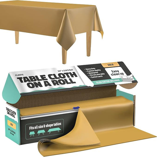 Tablecloth Roll – 54" X 110' Gold Premium Plastic Table Cloths with Cutter Box - Cut to Size - Decorative Rectangle Table Cover Smooth Tablecloth - Disposable Table Cloths for Parties, Weddings.
