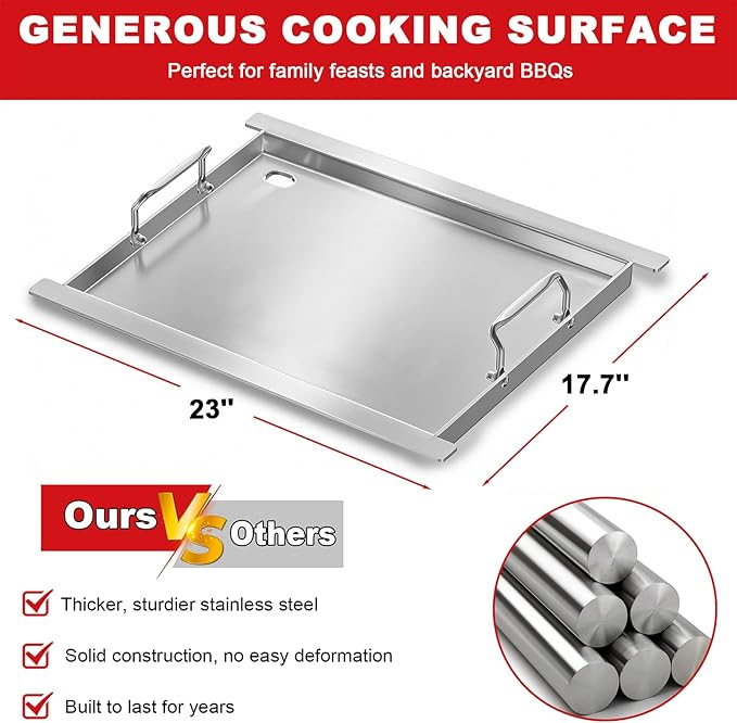 Full-Size Griddle Insert for Napoleon 425 Gas Grills, 23" x 17.7" Flat Top Griddle for Napoleon Rogue and Freestyle 425 Models, Heavy-Duty Stainless Steel Grill Accessory for Weber Spirit I/II 300