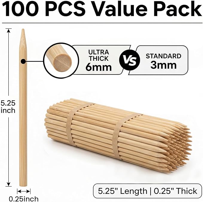 HANSGO 100PCS Candy Apple Sticks, 6 mm 5.25 inch Bamboo Skewers for Caramel Apple Cotton Candy Sticks Lollipop BBQ Corn Dog, Fall Harvest Festivals Party Favor
