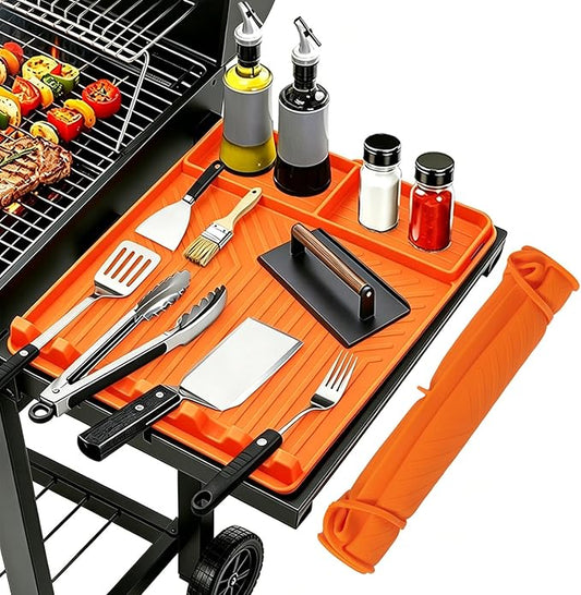 Rollable Silicone Grill Mat for Blackstone Griddle, Heat-Resistant Side Shelf Organizer with Drip Tray for Griddle Tools & BBQ Accessories, Non-Slip Outdoor Grill Mat Gift for Men (Orange)