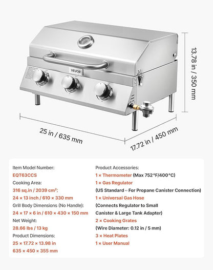 VEVOR Tabletop Gas Grill, 3-Burner Stainless Steel Portable Propane Grill, with Built-in Thermometer, Travel Locks, Weatherproof Lid, 22,500 BTU Total, for Outdoor Cooking, Patio, Party, Camping, RV