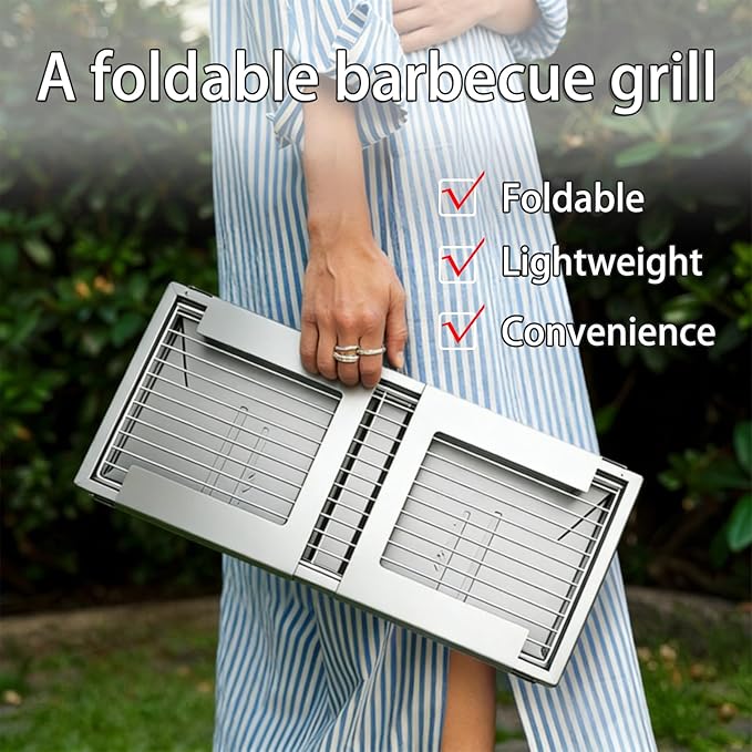 Foldable Small Charcoal Grill Portable Stainless Steel Charcoal Grill Perfect for 2-3 Outdoor Enthusiasts Ideal for Camping, BBQ, Picnics Tailgating Includes Gloves & Carry Bag