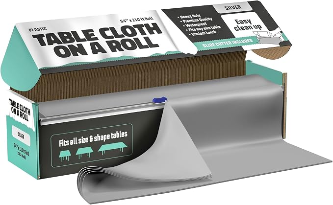 Tablecloth Roll – 54" X 110' Silver Premium Plastic Table Cloths with Cutter Box - Cut to Size - Decorative Rectangle Table Cover Smooth Tablecloth - Disposable Table Cloths for Parties, Weddings.