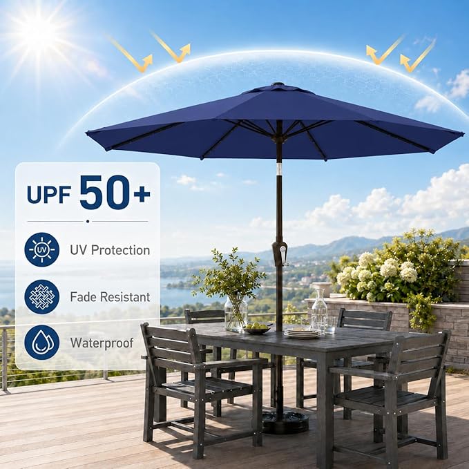 11FT Solar Patio Umbrella with Lights, Outdoor Table Market Umbrella with 32 LED Lights, 8 Sturdy Ribs, Smooth Crank Lift for Pool, Deck and Garden, UV-Resistant