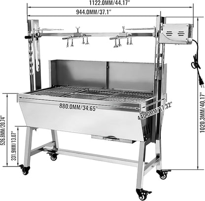 Stainless Steel Rotisserie Grill with Back Cover Guard, 25W Motor Small Pig Lamb 37 Inch BBQ Charcoal Rotisserie Roaster Grill for Camping Outdoor Kitchen, 132LBS Capacity