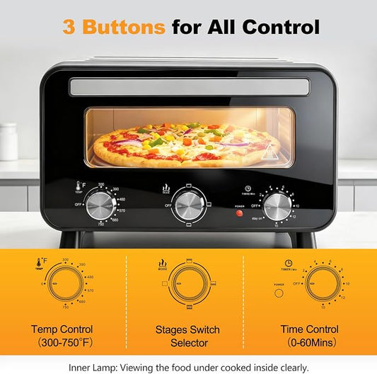 DUMOS Pizza Oven Indoor, 1600W Electric Pizza Maker Fast Heating, 4 Modes for 12 Inches Pizzas, with Stone & Spatula, Upper-Bottom Independent Heating Temperature Control