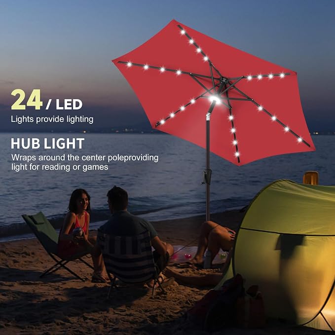 Solar Patio Umbrella with Centre Light, 7.5 ft Red | 24 LED Lights, UV Protection, Small Solar Outdoor Umbrella for Porch, Deck, Pool, Table, Garden, Provides Evening Lighting