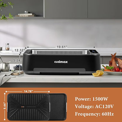 Indoor Grill, CUSIMAX Electric Smokeless Grill & Griddle, Black, 1500W | With REPLACEABLE Smoke Filter Sponge/Smart LED Display/Non Stick 2 in 1 Grill & Griddle Plates/Larger Grilling Area