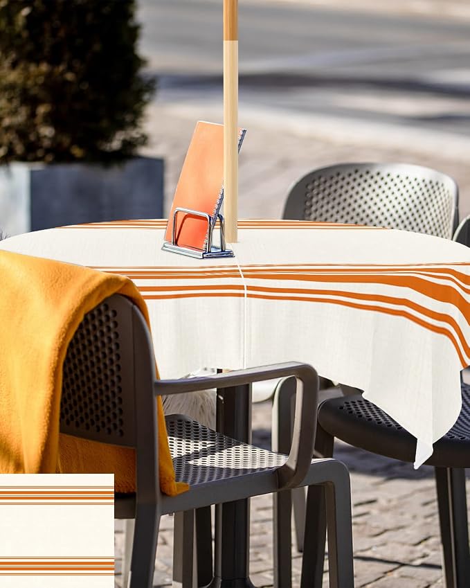 QueenKer Fall Outdoor Tablecloth with Umbrella Hole, Farmhouse Orange Stripe Square Tables Zippered Table Cloth Waterproof Tabletop Table Cover Collection for Patio, Garden, Picnic, Camping, Dining