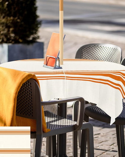 QueenKer Fall Outdoor Tablecloth with Umbrella Hole, Farmhouse Orange Stripe Square Tables Zippered Table Cloth Waterproof Tabletop Table Cover Collection for Patio, Garden, Picnic, Camping, Dining