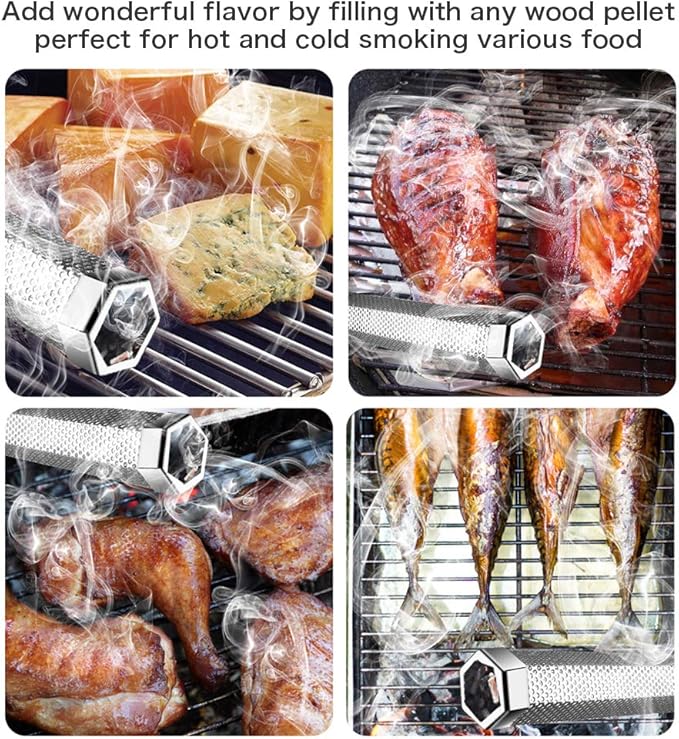 Smoke Tube for Pellet Smoker, 12'' Smoker Tube for Pellet Grill - Hot or Cold Smoker Accessories for Electric Gas Charcoal Grilling, Premium Stainless Steel Portable Barbecue Smoking Tube, Bonus Brush