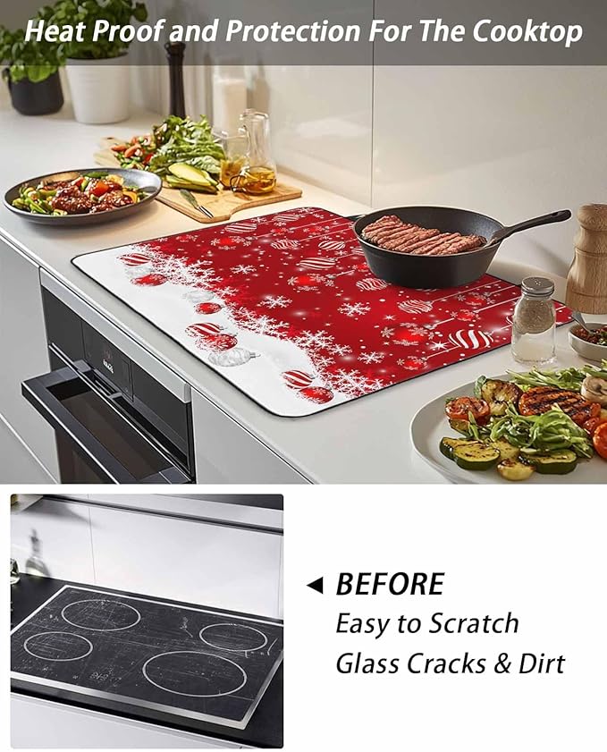 Stove Top Covers for Electric Stove 36x21 Inches,Christmas HeatResistant Glass Cooktop Protector,Red Merry Xmas Glitter Sparkle Bokeh Snowflake Winter Ceramic Stovetop Countertop Covers Mat,Oven Cover