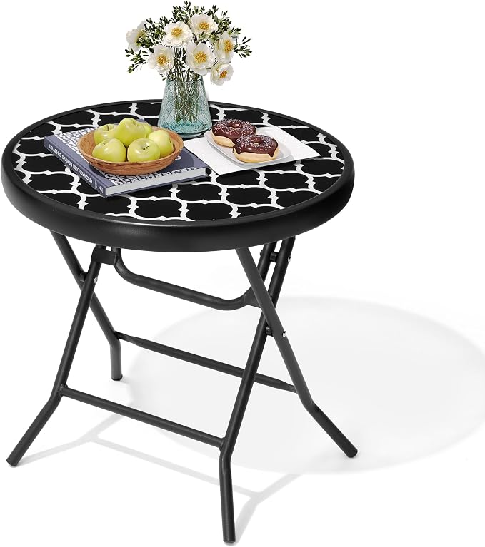 Foldable Side Table with Tempered Glass Top, Black & White | 18" Small Patio Side Tables Outdoor for Porch Yard Balcony Deck Lawn Garden