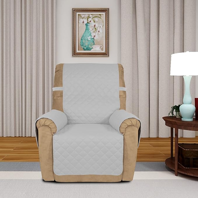 PureFit Reversible Recliner Chair Covers Couch Covers for Dogs, 19 in | Light Gray/Ivory, Water Resistant Couch Protector, Washable Pet Couch Cover with Non Slip and Elastic Straps For Kids