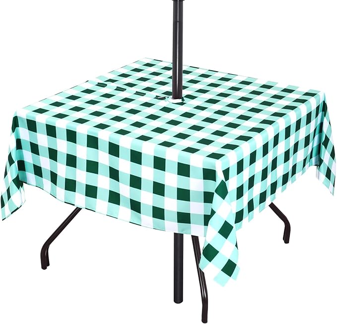 Poise3EHome Square Outdoor Tablecloth with Umbrella Hole and Zipper,Green and White Gingham 60x60 Inch,SpillProof Washable Table Cloth for Spring Summer Patio Garden Poolside Picnic Camping BBQS