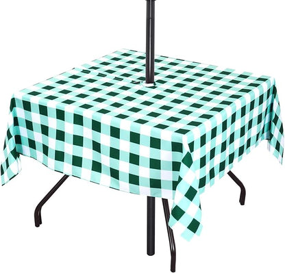 Poise3EHome Square Outdoor Tablecloth with Umbrella Hole and Zipper,Green and White Gingham 60x60 Inch,SpillProof Washable Table Cloth for Spring Summer Patio Garden Poolside Picnic Camping BBQS