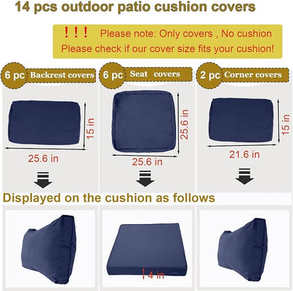 14 Piece Outdoor Patio Cushion Cover Replacement, Waterproof Patio Cushion Covers, Outdoor Furniture Cushion Covers Set for 6 Seat Wicker Rattan Sofa (Navy Blue)