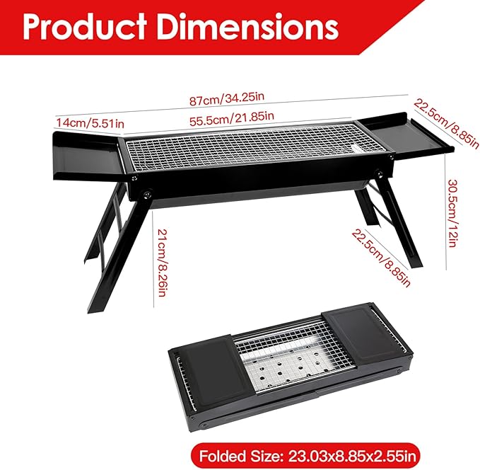 KOCASO Foldable Charcoal BBQ Grill with Shelf & Stainless Steel Grill Net - Easy Setup Portable Tabletop Barbecue Grill for Camping, Picnic, Outdoor Party, Backyard, Hiking, Traveling