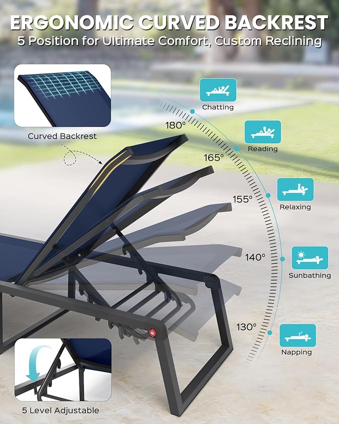 Aluminum Chaise Lounge Chair Outdoor, Foldable & Assembly Free Patio Pool Lounge Chairs 5-Position Recliner for Poolside, Fully Grounded Legs Sun Lounger, Navy Blue