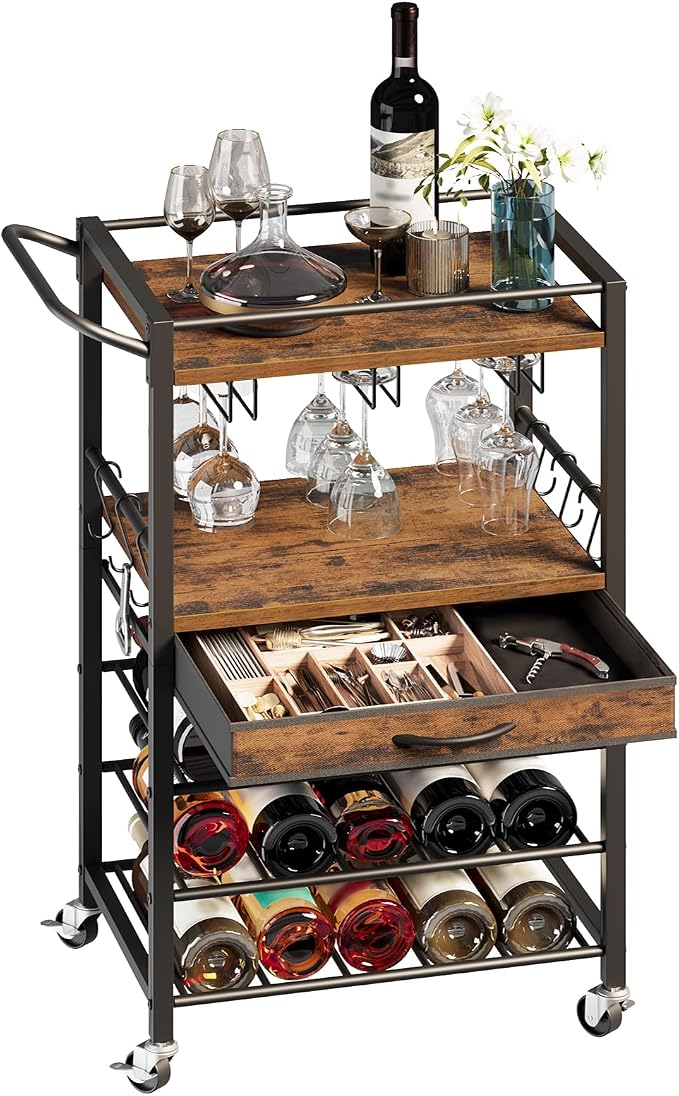 3-Tier Bar Cart with Drawer, Home Bar Serving Cart with Glass Holder and Handle, Rolling Mini Liquor Bar for Wine Beverage Dinner Party, Drink Cart for Home Kitchen Bars, Rustic Brown 8001TCBF