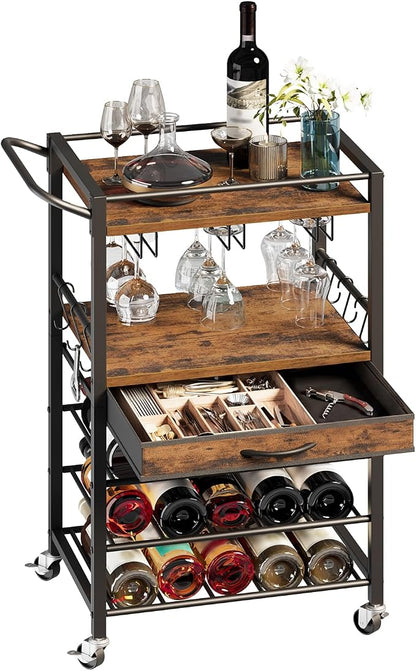 3-Tier Bar Cart with Drawer, Home Bar Serving Cart with Glass Holder and Handle, Rolling Mini Liquor Bar for Wine Beverage Dinner Party, Drink Cart for Home Kitchen Bars, Rustic Brown 8001TCBF