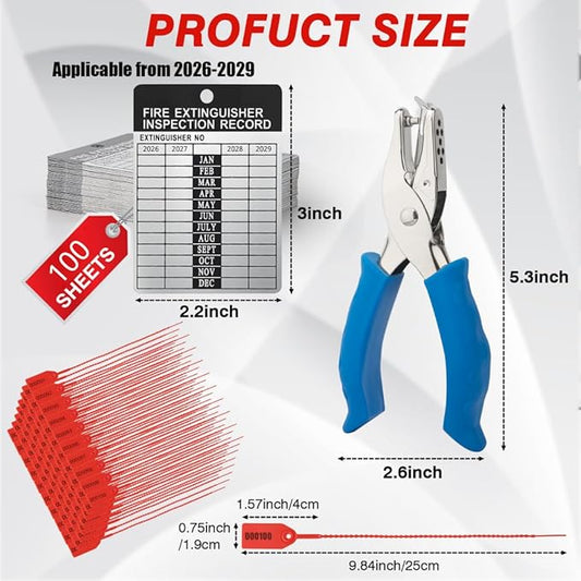 100 Sets 2026–2029 Fire Extinguisher Tags Aluminum Metal Inspection Record Tags 2.2 x 3 Inch with Hole Puncher & Numbered Security Zip Ties for Monthly Fire Extinguisher Inspection Indoor Outdoor