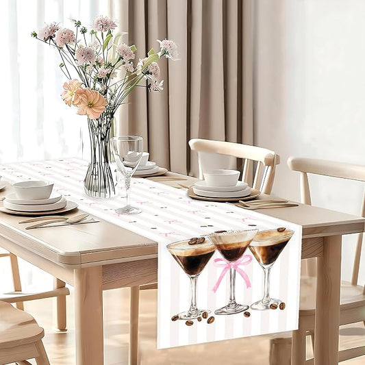 Espresso Martini Theme Table Runner, Martini Lovers Linen Fabric Table Runner for Everyday Use 72 x 13 Inches, Washable Table Cover for Indoor Outdoor Kitchen Dining Table Home Decor