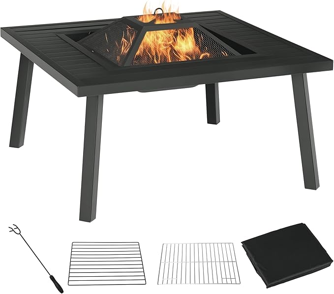 Outsunny 34" Fire Pit with Grill, Metal Outdoor Wood Burning Firepit with Spark Screen, Fire Poker, Cover, Table Lip, Black
