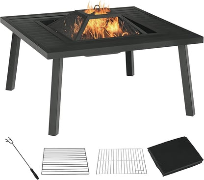 Outsunny 34" Fire Pit with Grill, Metal Outdoor Wood Burning Firepit with Spark Screen, Fire Poker, Cover, Table Lip, Black
