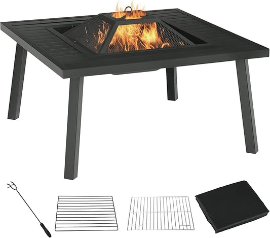 Outsunny 34" Fire Pit with Grill, Metal Outdoor Wood Burning Firepit with Spark Screen, Fire Poker, Cover, Table Lip, Black