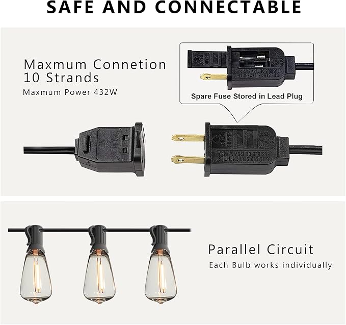 Outdoor String Lights 150FT Lighting Waterproof for Outside Patio Backyard | 150FT Connectable Outdoor Lights,75 Plastic Dimmable ST38 Edison Bulbs for Porch Bistro Garden Gazebo Balcony Cafe Deck Yard
