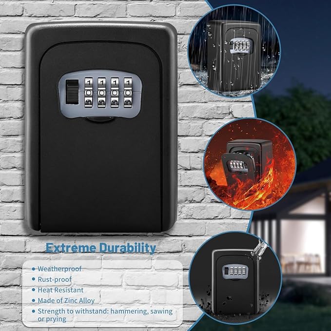 Key Lock Box,4 Digit Combination Weatherproof Lockbox for Outside House,5 Keys Large Capacity Lockbox,Key Safe Security Storage Lock Box with Resettable Code for Indoor Outdoor Garage(2 Pack, Black)