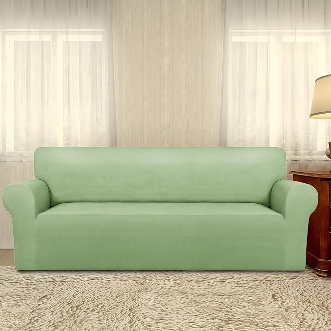 PureFit Stretch Oversized Couch Covers Fleece Sofa Slipcovers Sage Green | 1-Piece Sofa Cover Washable Soft Couch Protector, Couch Slipcover with Non Skid Foam and Elastic Bottom for Kids, Dogs