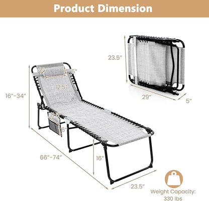 Tangkula Beach Lounge Chair for Outside, Folding Chaise Lounge Outdoor with 4-Position Backrest, Removable Headrest and Side Pocket, Portable Sunbathing Tanning Chair for Patio, Poolside (1, Grey)