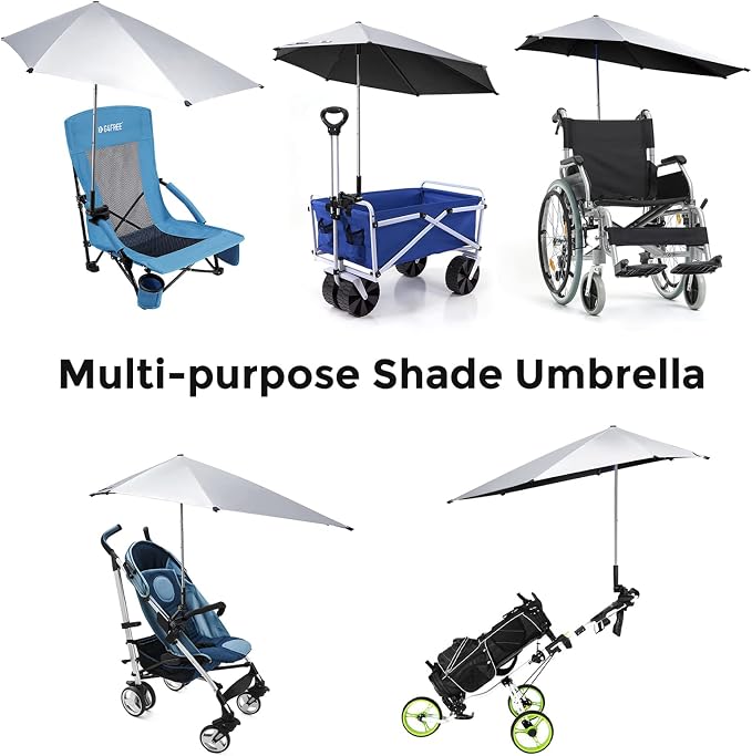 G4Free UPF 50+ Height Adjustable Beach Chair Umbrella with Universal Clamp | UV protection Chair Umbrella for Beach Chair, Golf Cart, Wheelchair, Stroller, Bleacher, Outdoor Patio, silver coating fabric