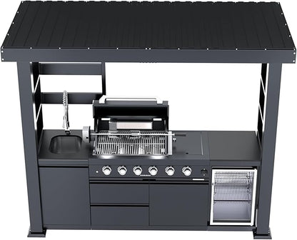 97-Inch 4-Burner 72000 BTU Stainless Steel Propane Gas Grill Outdoor Kitchen Island with Canopy,648Sq.In Cooking Area,Wine Cooler,Refrigerator,Rotisserie,for Backyard BBQ,Black