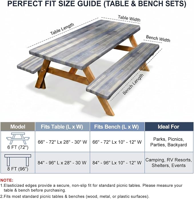 Picnic Table Cover with Bench Covers Windproof Waterproof Picnic Table Covers Camping Tablecloth with Self-Storage Bag, 72in, Grey