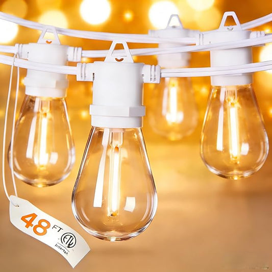 50FT LED Outdoor String Lights with 15 Edison Shatterproof Bulbs, Weatherproof Strand, Commercial Grade Patio Lights, Decorative for Garden or Patio, Warm White