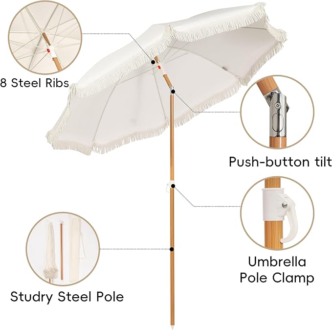 Seazul 5.2ft Patio Umbrella with Fringe, Beach Umbrella, Fringe Umbrella Outdoor Patio, Tilting Steel Pole, UV 50+, Fiberglass Ribs, Elegant Cream