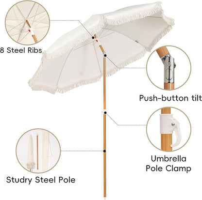 Seazul 5.2ft Patio Umbrella with Fringe, Beach Umbrella, Fringe Umbrella Outdoor Patio, Tilting Steel Pole, UV 50+, Fiberglass Ribs, Elegant Cream