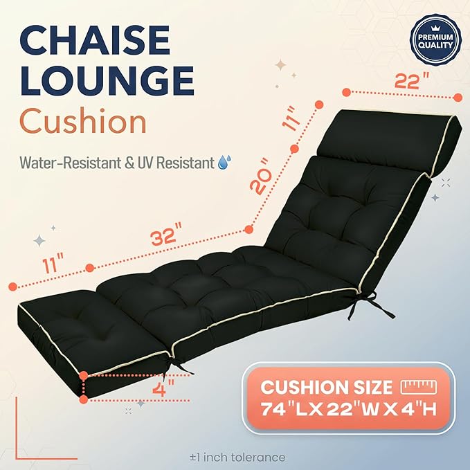 MAGIC ELEPHANT Chaise Lounge Cushion Outdoor, Memory Foam Patio Lounge Chair Cushion with Ties for Indoor Outdoor Furniture, Waterproof Replacement Long Chair Cushion (Black)