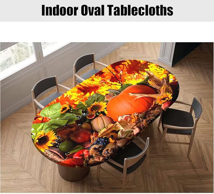 Thanksgiving Oval Fitted Tablecloths, Pumpkins with Sunflowers Pattern Print Elastic Edged Table Cover, Windproof Cloths for Indoor Outdoor Dining Decor, Fits to 48x68 in Table, Orange