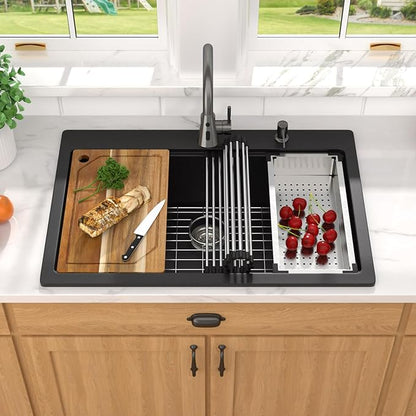 33 Inch Granite Composite Kitchen Sink - Matte Black Drop In Granite Kitchen Sink, Workstation All-In One Classic Quartz Top Mount Single Bowl Sinks for Modern Kitchen, 33"x22" #TLGT-123