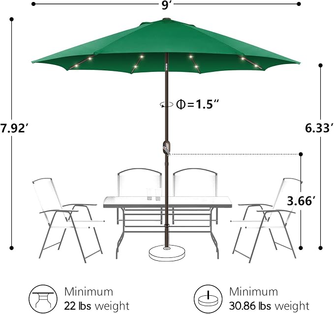 Patio Umbrella with Solar Lights, 9ft, 24 LED, Grass Green, Outdoor Umbrella with Push Botton Tilt & Crank, Heavy-Duty, Vented, Ideal for Garden, Backyard & Pool