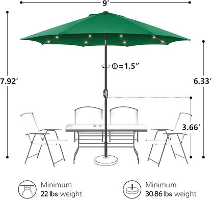 Patio Umbrella with Solar Lights, 9ft, 24 LED, Grass Green, Outdoor Umbrella with Push Botton Tilt & Crank, Heavy-Duty, Vented, Ideal for Garden, Backyard & Pool