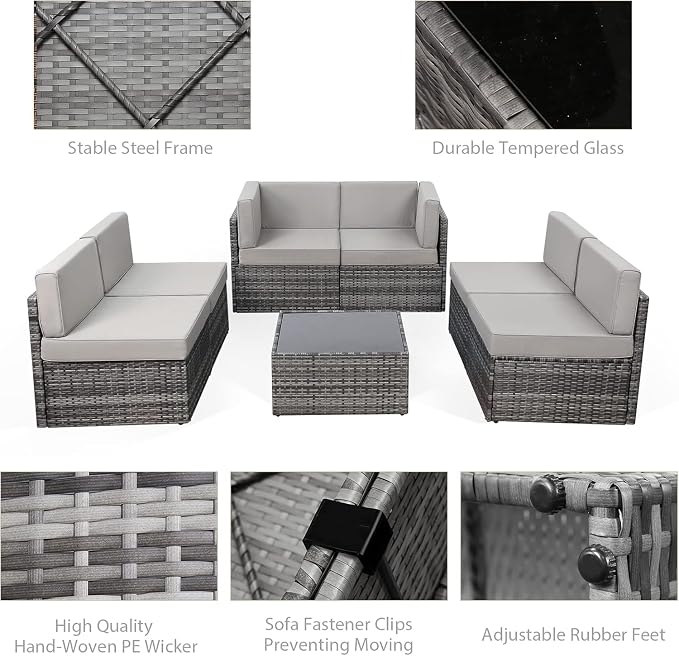 U-MAX 7 Piece Outdoor Patio Furniture Set, PE Rattan Outdoor Wicker Sectional Furniture Chair Set with Cushions and Tea Table, Grey Rattan and Grey Cushion
