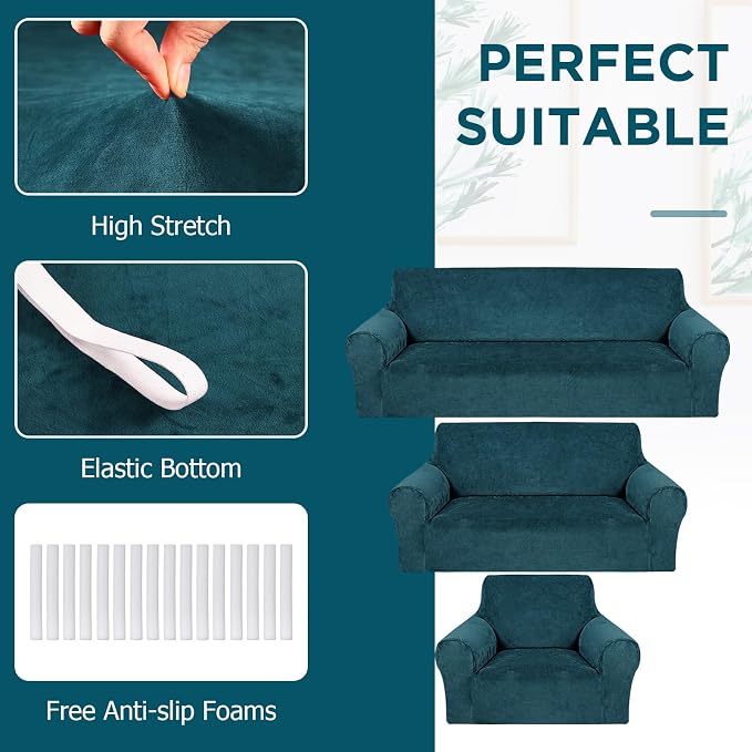 Peryiter 3 Pcs Couch and Loveseat Sofa Covers,Deep Teal,Velvet | Armchair Covers for Living Room, Sofa Cushion Slipcover, Furniture Protector, Polyester and Spandex, Washable